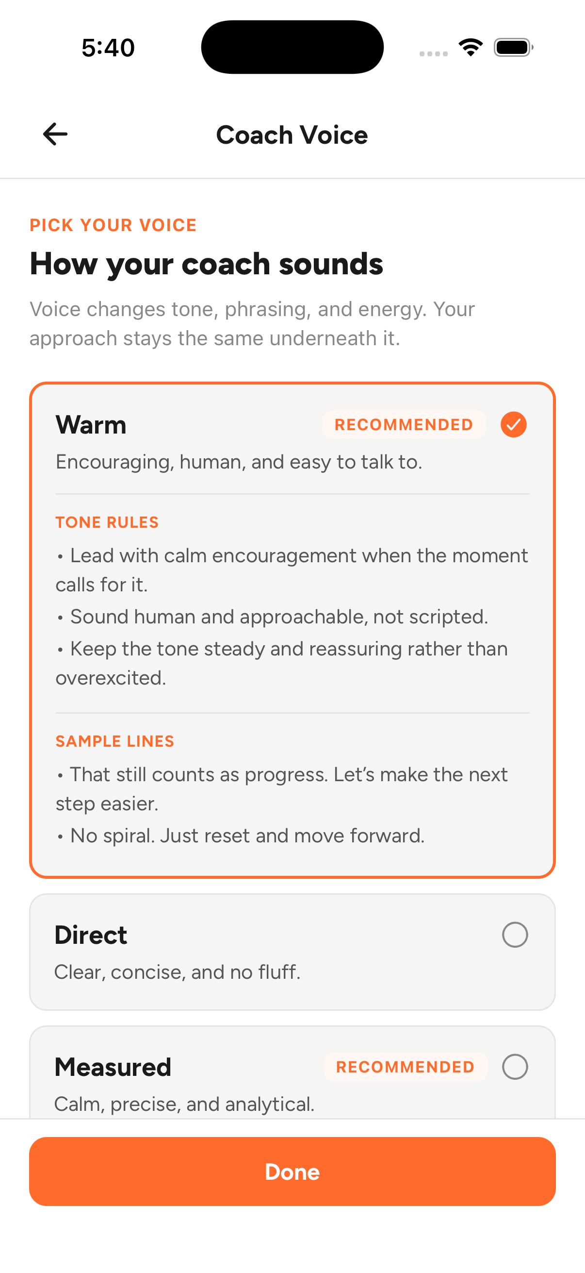 Agent Voice picker: choosing how your agent sounds, with the Warm voice selected and its tone rules and sample lines
