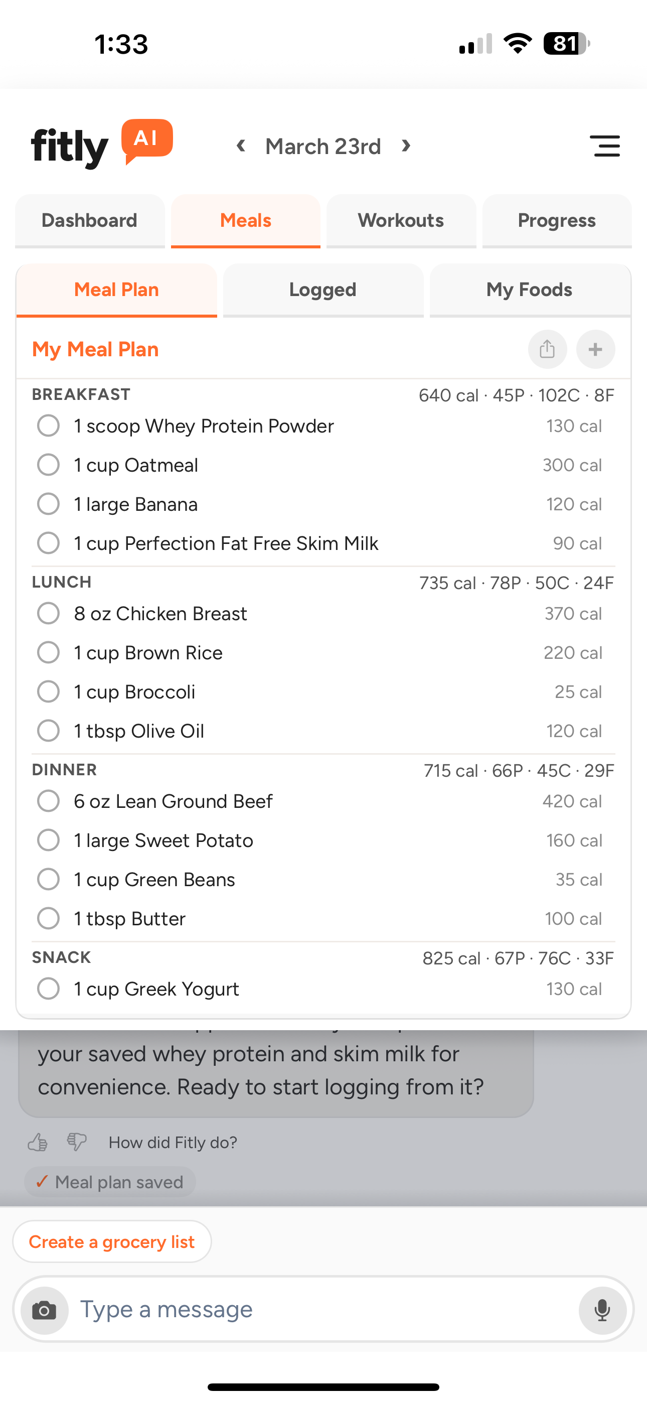 Screenshot: Meal plan