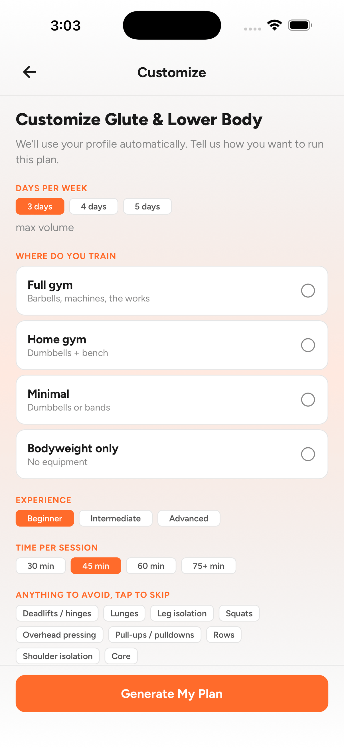 Customizing the Glute & Lower Body workout plan: days per week, where you train, experience level and session length, then Generate My Plan